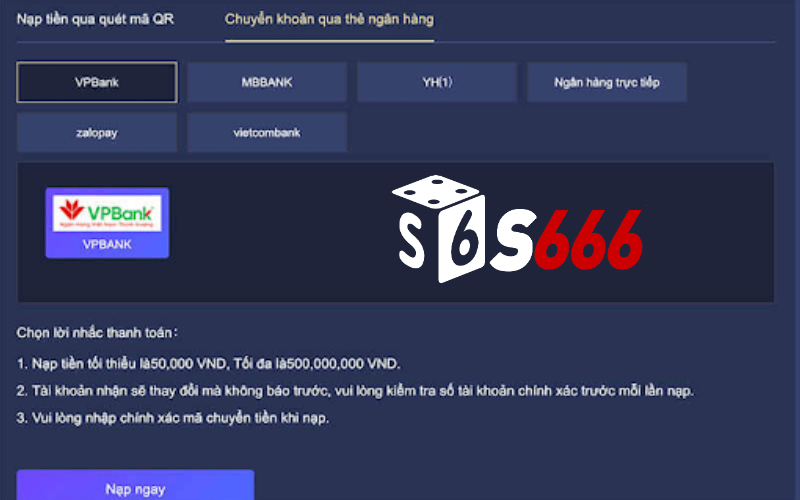 Cách thực hiện nạp tiền tại nhà cái s6666